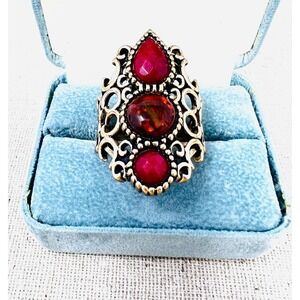 Barse Thai Bronze Amber & Quartz Statement Filigree Scrollwork Ring Size 13